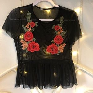 Sheer peplum floral embroidered shirt